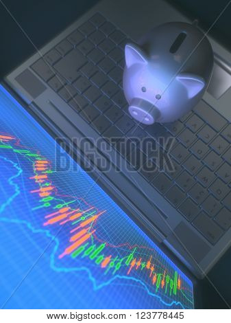 3D image concept. Piggy bank on laptop keyboard looking at the chart of the stock market.