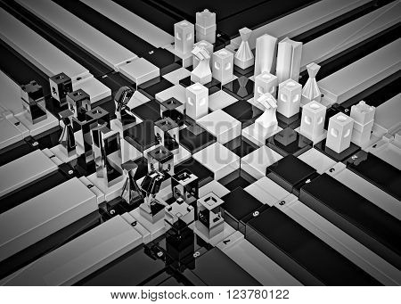 3d chess board with figures. The concept design of futuristic chess figures and checkerboard.