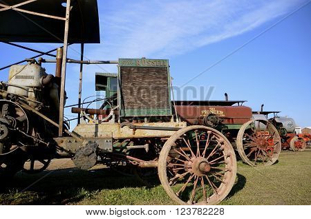 ROLLAG, MINNESOTA-September 3, 2015: An old Russell steam powered  tractor is displayed at the West Central Steam Threshers Reunion(WCSTR) where 1000s attend each Labor Day weekend in Rollag, MN each year.