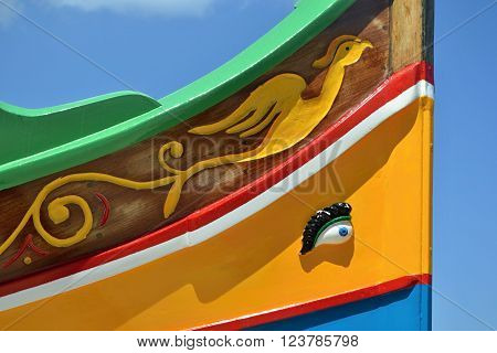 Osiris eye close up on traditional luzzu fishing boat, Malta