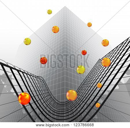 Abstract futuristic object reminiscent of modern building with glowing balls - 3D