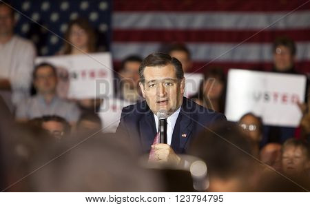 MADISON WI/USA - March 30 2016: Republican presidential candidate Ted Cruz speaks to a group of supporters during a rally before the Wisconsin presidential primary in Madison Wisconsin.