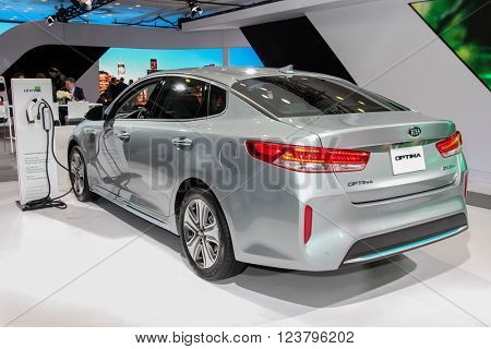 NEW YORK - MARCH 23: A KIA Optima EX at the 2016 New York International Auto Show during Press day,  public show is running from March 25th through April 3, 2016 in New York, NY.