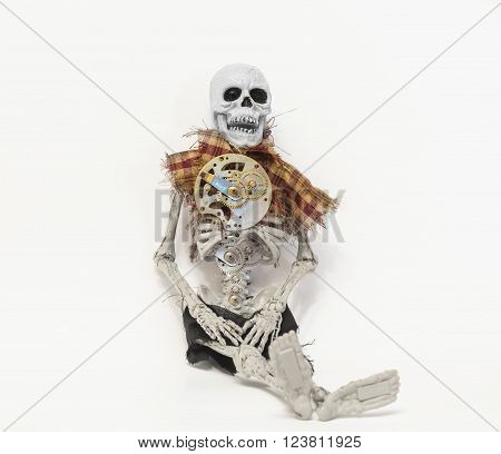 Hybrid human skeleton with mechanical old vintage technology gears and parts isolated on light grey background