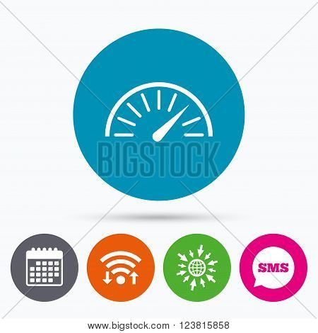 Wifi, Sms and calendar icons. Tachometer sign icon. Revolution-counter symbol. Car speedometer performance. Go to web globe.