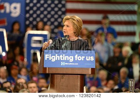 Saint Louis, MO, USA - March 12, 2016: Democratic presidential candidate and former Secretary of State Hillary Clinton campaigns at Carpenters Training Center in St. Louis.