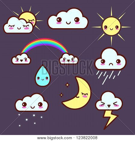 Cute weather sticker set with kawaii emotions