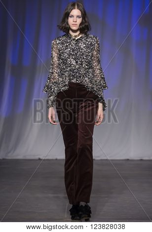 New York City USA - February 13 2016: Zu Czemier walks the runway during the Jill Stuart Women's show as a part of Fall 2016 New York Fashion Week