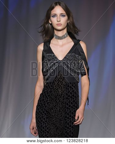 New York City USA - February 13 2016: Waleska Gorczevski walks the runway during the Jill Stuart Women's show as a part of Fall 2016 New York Fashion Week