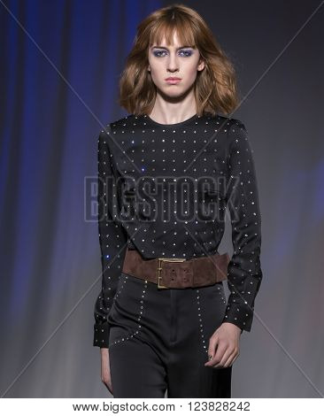 New York City USA - February 13 2016: Teddy Quinlivan walks the runway during the Jill Stuart Women's show as a part of Fall 2016 New York Fashion Week
