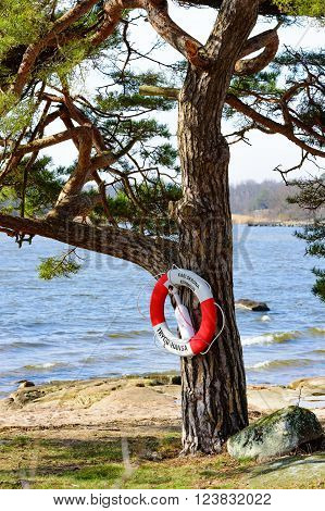 Nattraby Sweden . March 27 2016: A lifebuoy on a pine tree with the beach and the sea behind. Trygg Hansa an insurance company has donated many thousands of these throughout Sweden.