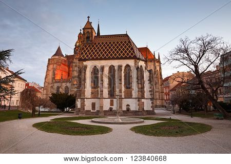 St. Michael chapel and St. Elisabeth cathedral in the main square of Kosice city in eastern Slovakia.