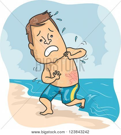 Illustration of a Man at the Beach Stung by a Jellyfish