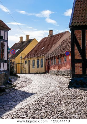 Greenaa Denmark - March 3 2016: Typical scene of one of streets in the center the idyllic town of grenaa - Colorful architecture