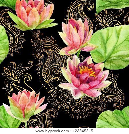 watercolor lotus flower on golden ornament. Watercolor flowers on indian paisley seamless pattern. Hand painted illustration on black background