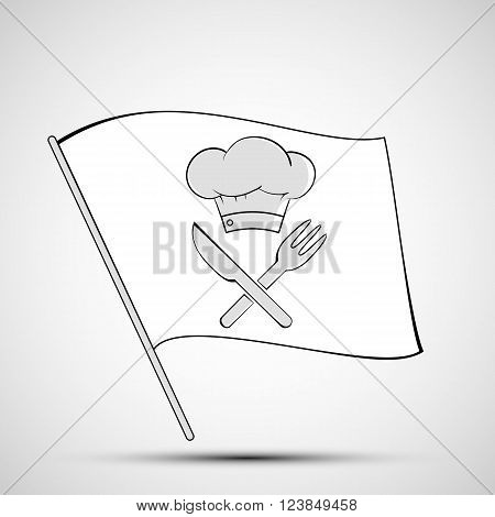 Icon chef hat knife and fork on a white flag. Stock vector illustration.