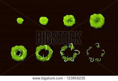 Sprite sheet for cartoon acid toxic explosion, mobile, flash game effect animation. 8 frames on dark background