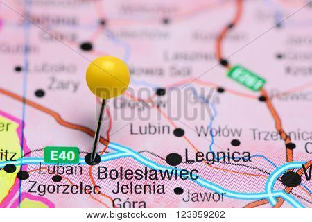 Photo of pinned Boleslawiec on a map of Poland. May be used as illustration for traveling theme.