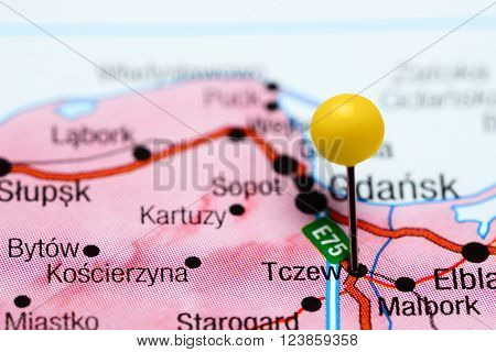 Photo of pinned Tczew on a map of Poland. May be used as illustration for traveling theme.