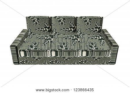 Sofa over white. Isolated 3d illustration modern couch. The upholstery of the sofa is made from a fractal pattern.