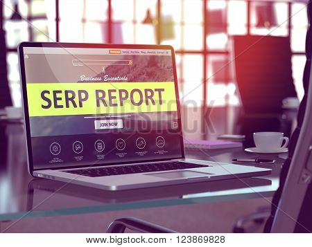 SERP - Search Engine Results Page - Report Concept. Closeup Landing Page on Laptop Screen  on background of Comfortable Working Place in Modern Office. Blurred, Toned Image. 3D Render.