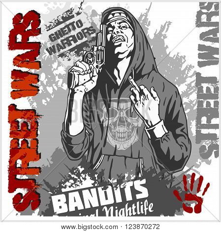 Bandit with gun. Man with revolver. Ghetto Warriors. Vector illustration