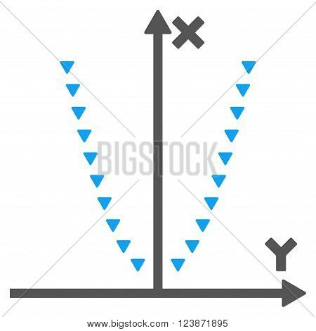 Dotted Parabola Plot vector icon. Style is bicolor flat icon symbol blue and gray colors white background triangle dots.