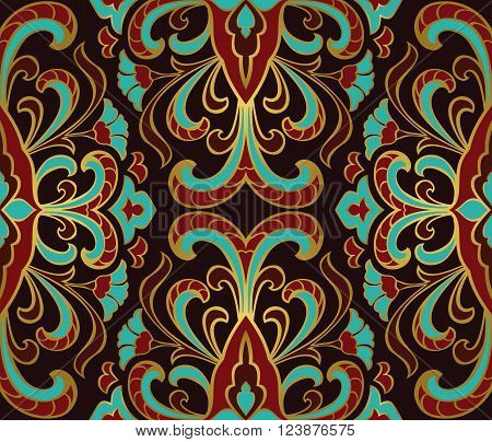 Rich floral ornament. Templates for carpets shawl wallpaper textiles and any surface. Seamless vector pattern of gold contour.