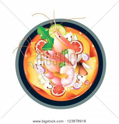 Thai Cuisine, Tom Yum Goong or Traditional Thai Spicy and Sour Soup with Prawns, Mushroom, Coconut Milk and Herbs. One of The Most Popular Dish in Thailand.