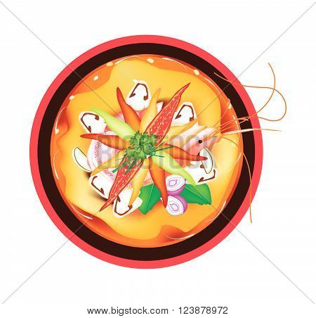 Thai Cuisine Tom Yum Goong or Thai Spicy and Sour Soup with Shrimps Mushroom Coconut Milk and Herbs. One of The Most Famous Dish in Thailand.
