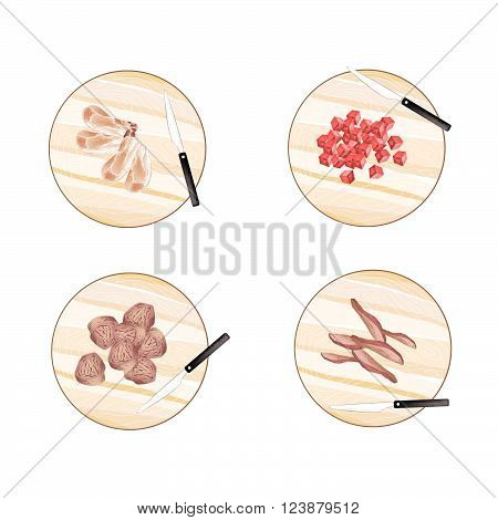 Cuisine and Food Different Types of Raw Meat on Wooden Cutting Boards.