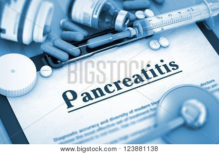 Pancreatitis - Medical Report with Composition of Medicaments - Pills, Injections and Syringe. Pancreatitis, Medical Concept with Selective Focus. Toned Image. 3D.