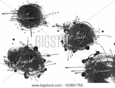 Set of names of summer month: june july august drawn by hand with liquid ink dye in freehand style. Large raster illustration grainy stylish with blobs and brush smears isolated on white.