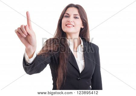 Beautiful Business Woman Touching Transparent Screen With Index Finger