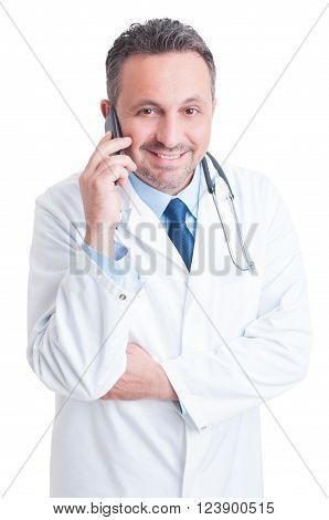 Friendly medic or doctor talking on the phone as hospital medical support