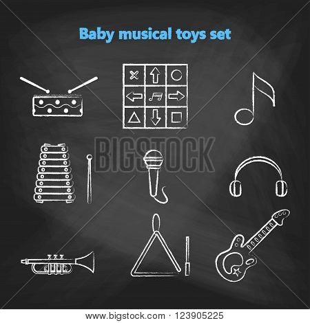 Set of vector chalk icons of musical instrumen. Vector illustration in  white chalk line style. Collection vector elements for web design, mobile applications, design flyers, discounts and advertising