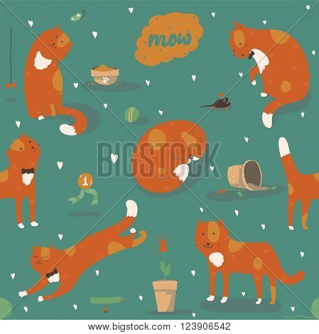 Seamless pattern with kind funky ginger cats fun stylish. Vector illustration with cat accessories - food toys broken flower. Kittens are playing jumping sleeping and watching at butterfly.
