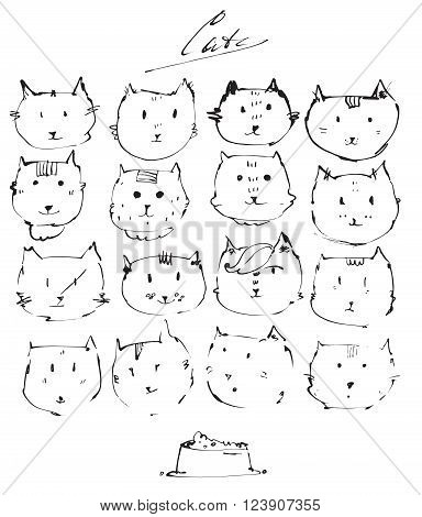 Set of ink cats faces drawn freehand with liquid dye emotional funny funky isolated on white. Vector illustration with black and white emotional cats variations.