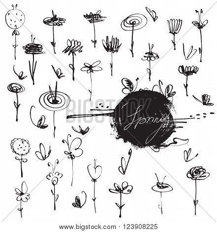 Freehand drawn unique beautiful flowers set hand-drawn with liquid ink dye with butterflies and imperfections. Vector branding stylish illustration isolated on white background simple graphic.
