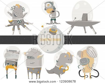 Vector illustration with cute an funky space invaders with spaceship and little planet. Set of aliens isolated on white background sitting and standing humor characters like scientist researcher.