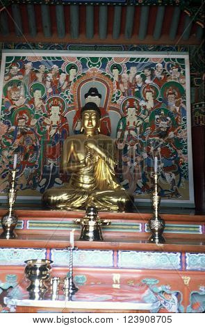 GYEONGJU CITY, NORTH GYEONGSANG PROVINCE / KOREA - CIRCA 1987: A sculpture of the Buddha sits on an altar in the Bulguksa Buddhist Temple, which is a UNESCO Heritage Site.