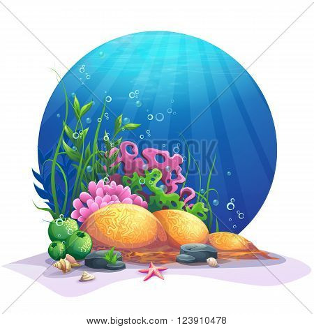 Oceanic world. Marine flora on the sandy bottom of the ocean. For design websites and mobile phones printing.