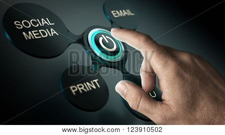 Communication strategy or advertising campaign concept. Finger about to press launch button of a marketing campaign. Composite image over black background.