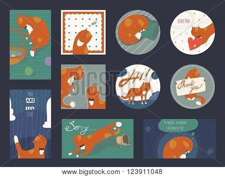 Set of cute and funky square and round cards horizontal and vertical with funny ginger cats. Lettering includes words sorry thank youlove you you my star and dedicated to love and relationships