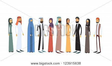 Arab Different People Group Traditional Clothes Full Lenth Flat Vector Illustration