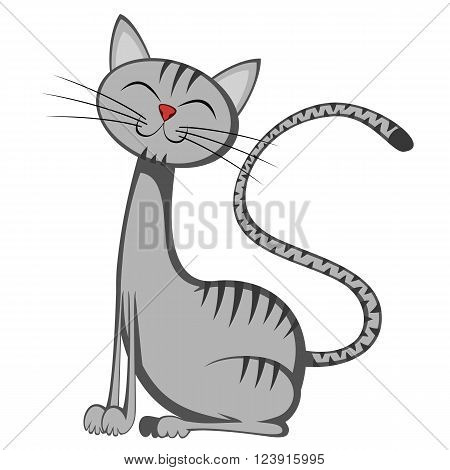 A cute gray tomcat with stripes is sitting and smiling