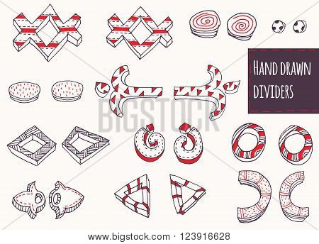 Hand-drawn black red and white couple dividers set stylish simple geometric ornate with stripes and dots two-dimensional perfect for education and lettering based on different shapes.