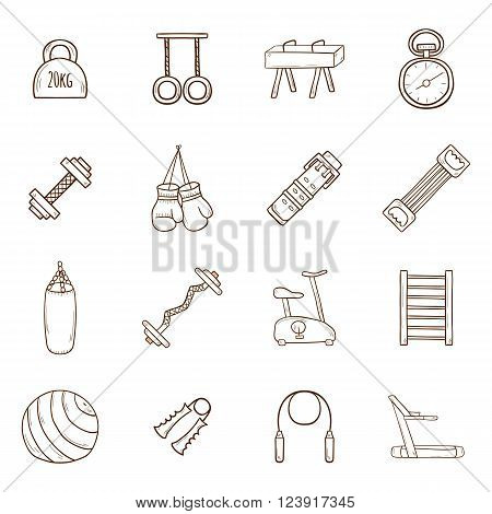 Set of cartoon hand drawn gym icons. Sport healthy life concept. Fitness equipment design