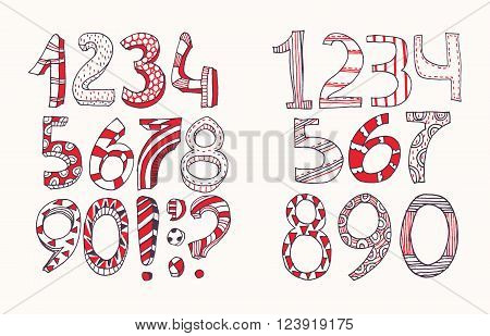 Hand-drawn black red and white number digits stylish simple geometric ornate with stripes and dots three-dimensional and two-dimensional perfect for education and lettering.