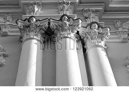 Columns of Naval Cathedral of St. Nicholas and the Epiphany in St.Petersburg Russia. Black and white.